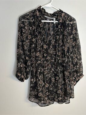 Daniel Rainn Black Floral Sheer V-Neck Blouse